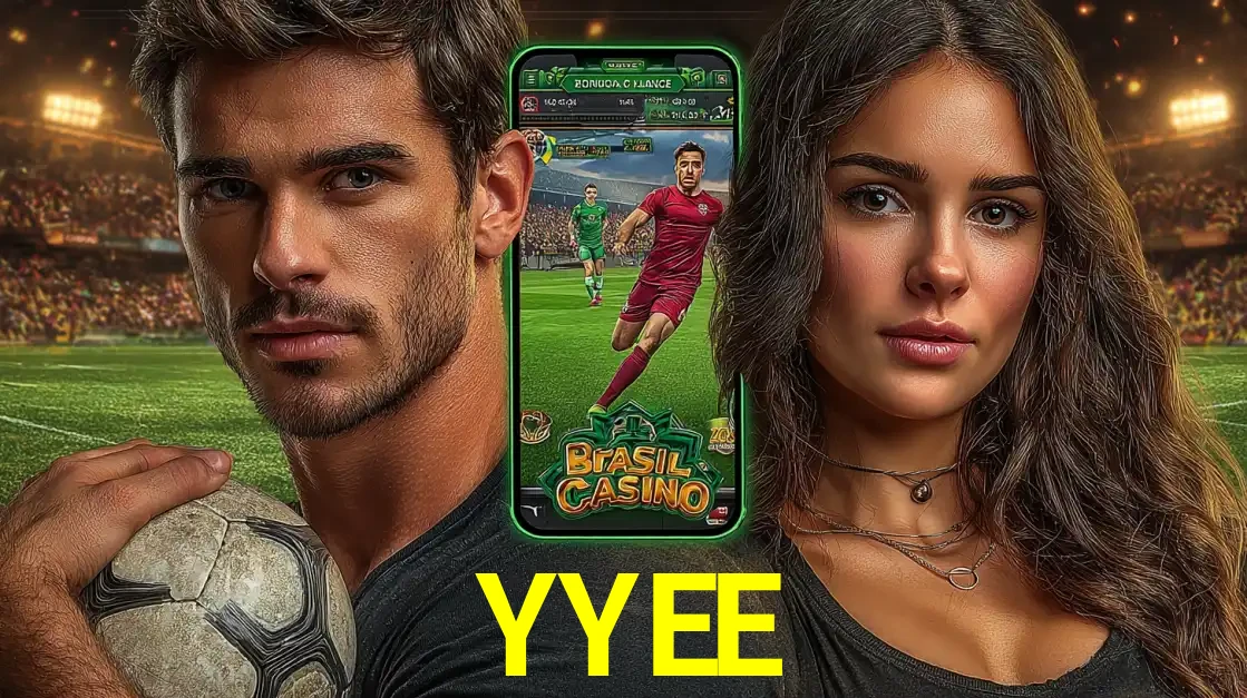 Homem segurando uma bola de futebol e uma mulher ao lado de um smartphone exibindo o jogo de apostas esportivas da YYEE. Faça seu palpite no cassino online.